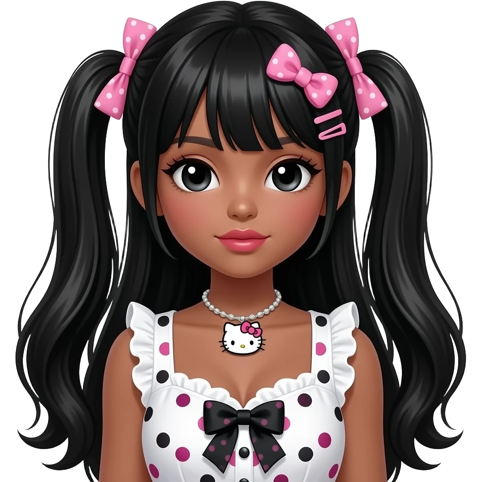 my melody hairclip, dark brown skin, Doll faced shaped, hello kitty necklace, bimbo, black doll eyes, Big lips, long black hair, with white or black lace pink polka dots with gyaru sleeveless shirt, with hime gyaru bows, big breast emoji