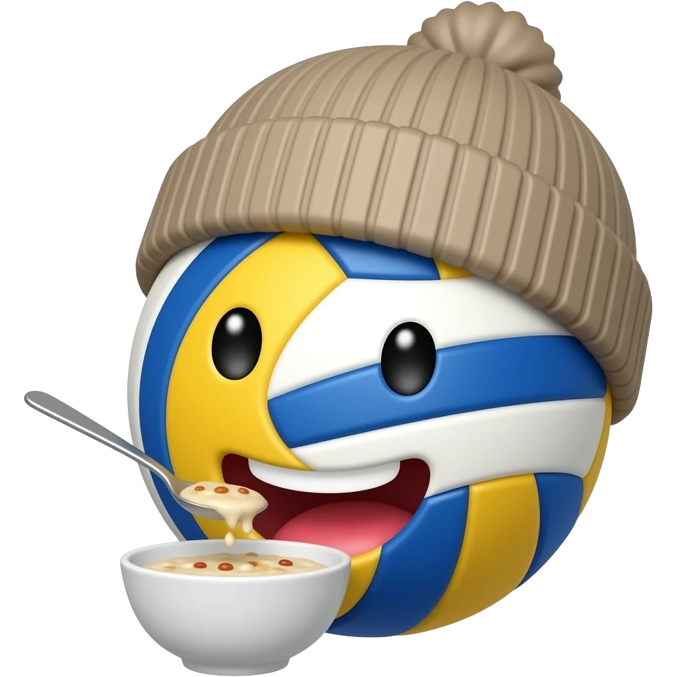 volleyball wearing a beanie eating from a bowl of porridge. just this. do not add anything else, i want the volleyball to have a face emoji