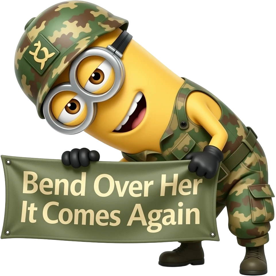 minion in army fatigues bend over here it comes again  text in banner Bend Over Here It Comes Again emoji