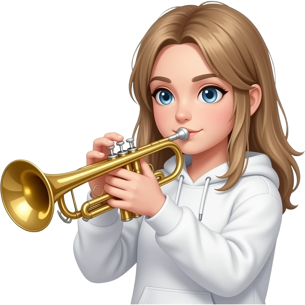 white girl with blonde hair messy straight  dirty blonde almost brownhair playing trumpet with a white hoodie on no bangs light blue eyes emoji