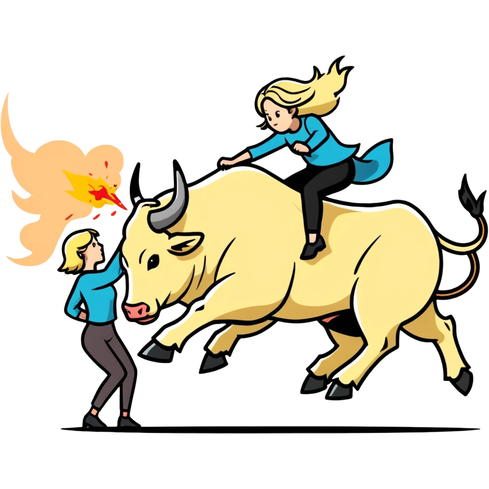 Blonde woman taking down a bull whose brain is exploding emoji