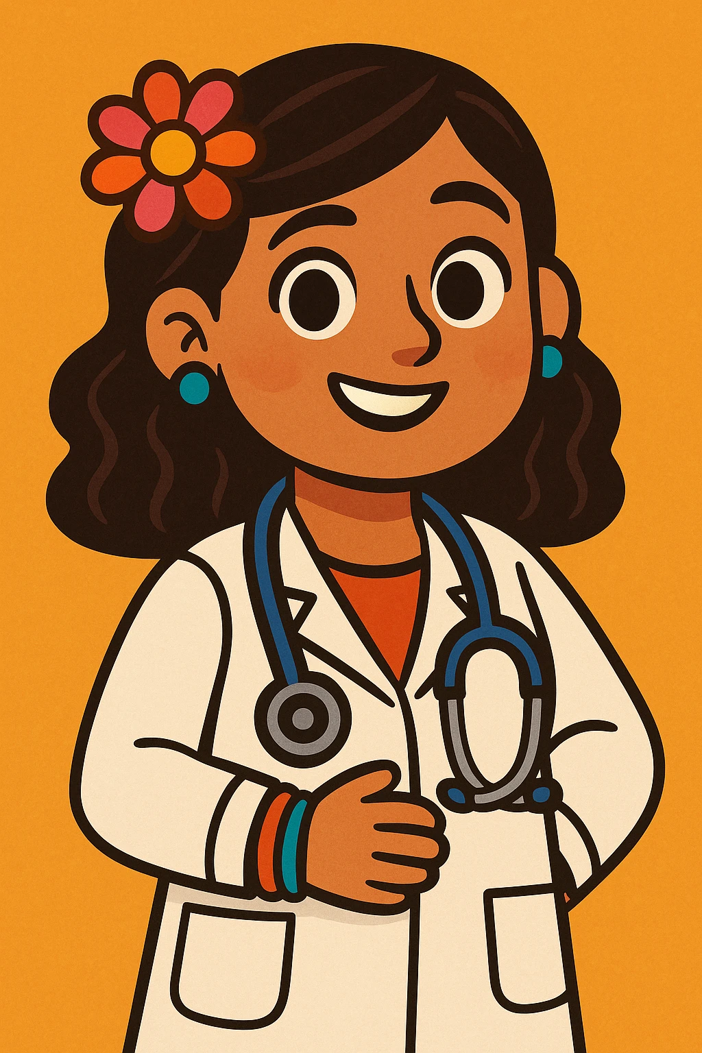 cute Mexican doctor girl, smiling, wearing white coat, stethoscope, colorful accessories, warm friendly expression, cartoon style emoji