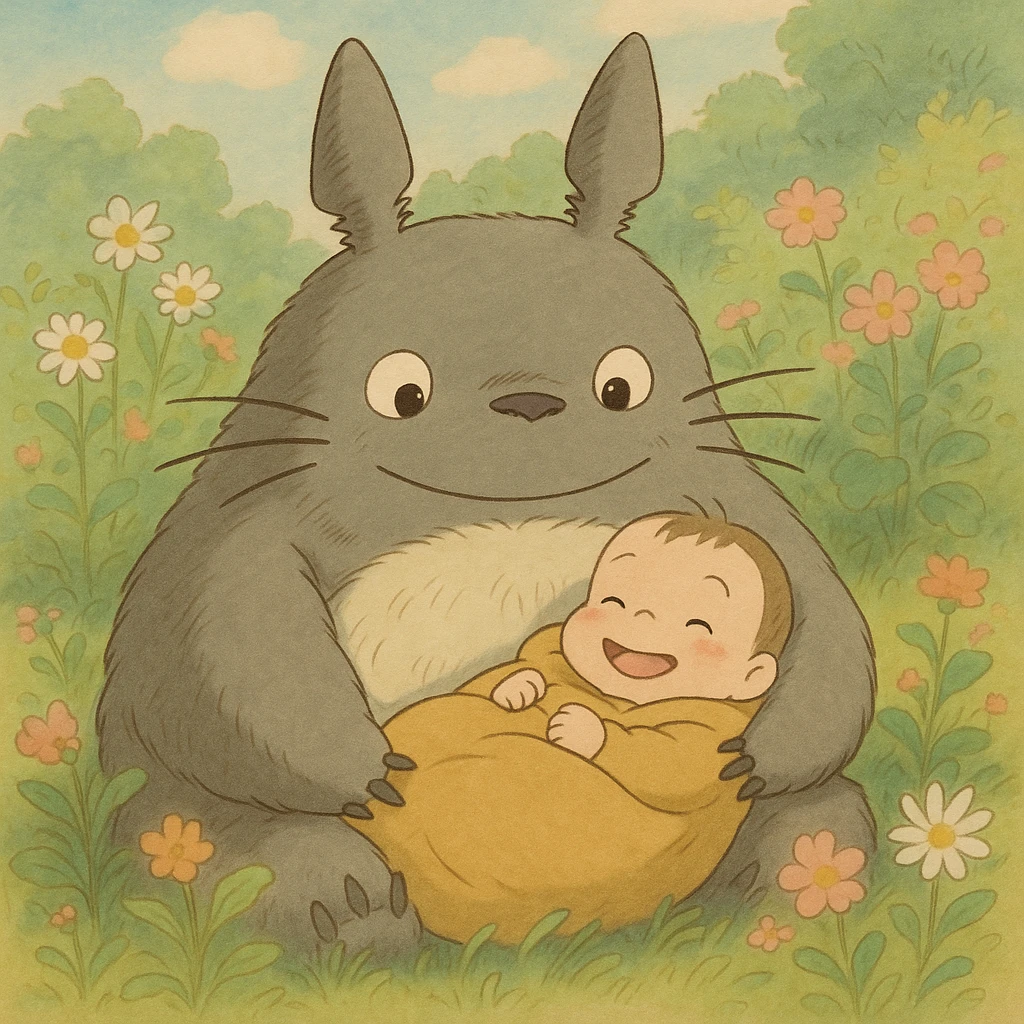 a troller with a baby, ghibli style emoji