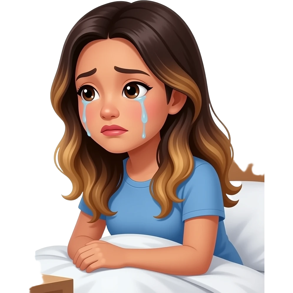 Beautiful Filipino woman beautiful eyes with long wavy hair balayage watching tv in bed crying side view emoji