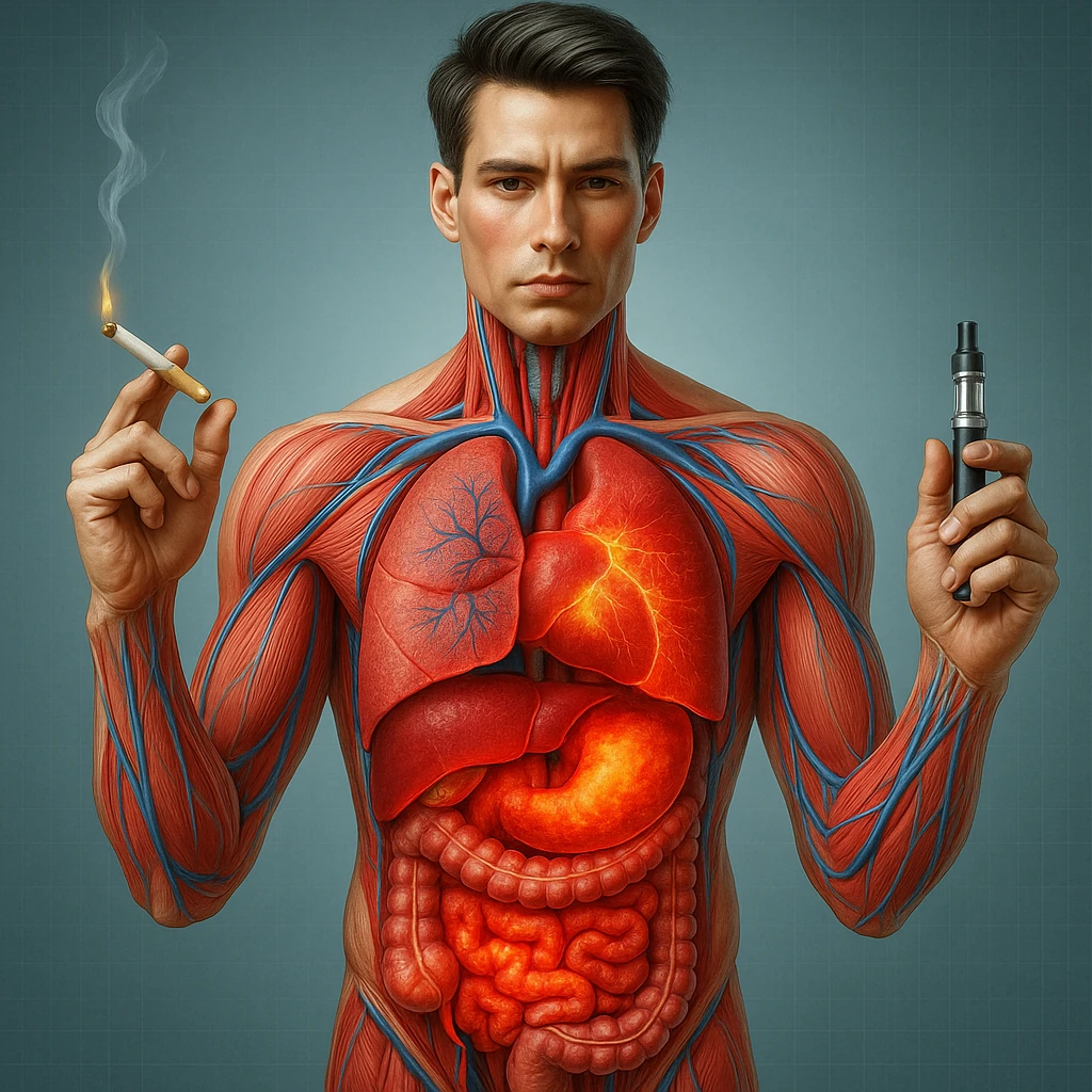 Medical illustration, hyperrealistic 4K, exactly matching the style of the provided reference image: realistic anatomical human body, inflamed liver and intestine highlighted, holding a lit normal cigarette in the right hand and an electronic cigarette in the left hand, clear background, extremely detailed, same lighting and style as reference. emoji