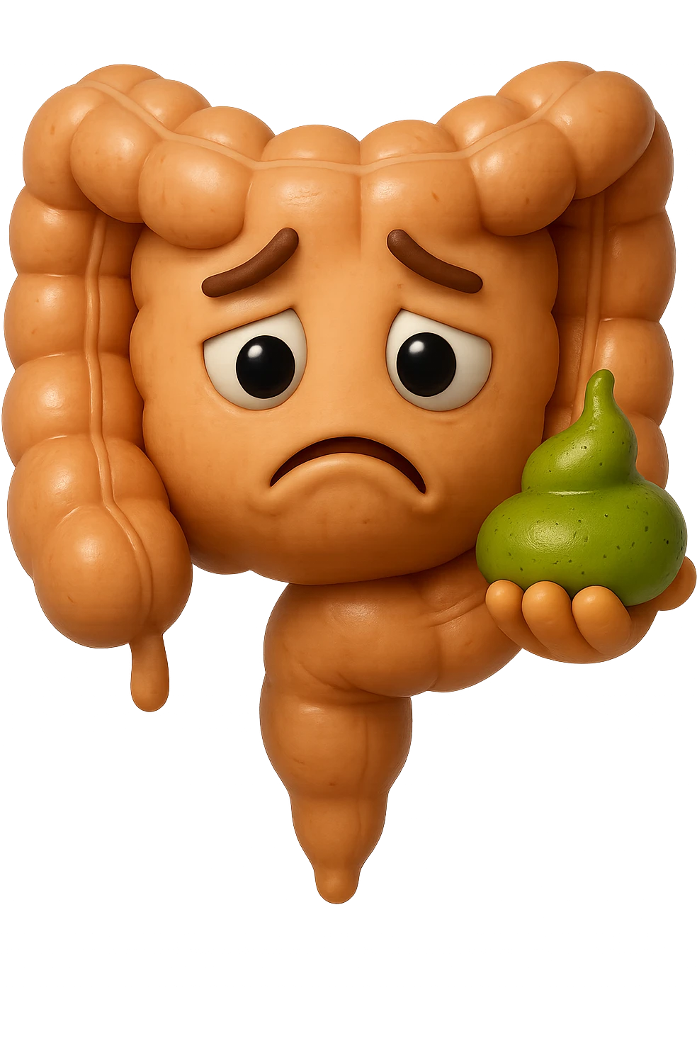 emoji stile iphone 3d di un intestino con espressione triste con cacca verde e liquida in mano, iperrealistiche 4k emoji