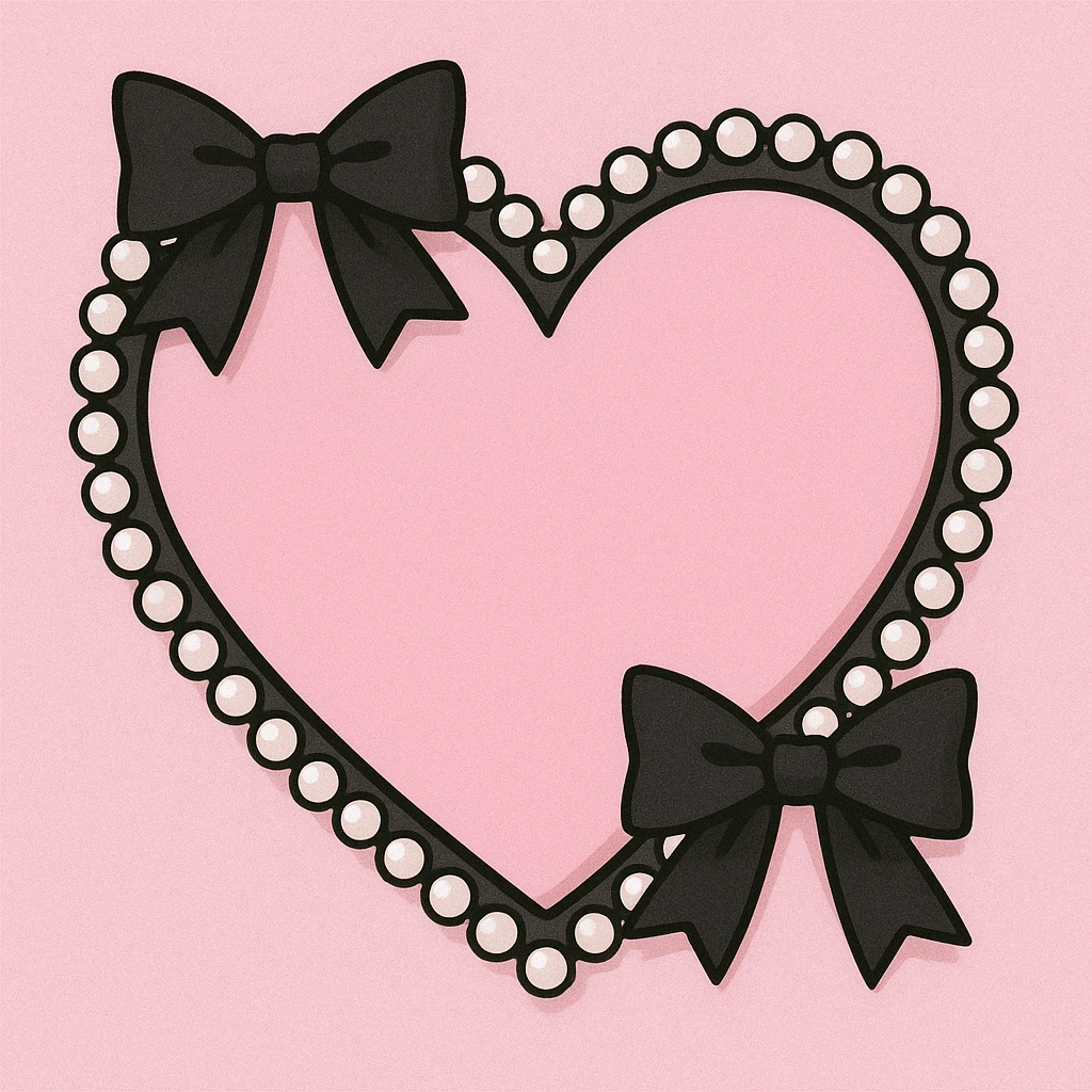 pastel goth heart with black bows and pearls, soft pink and black, cute gothic style emoji