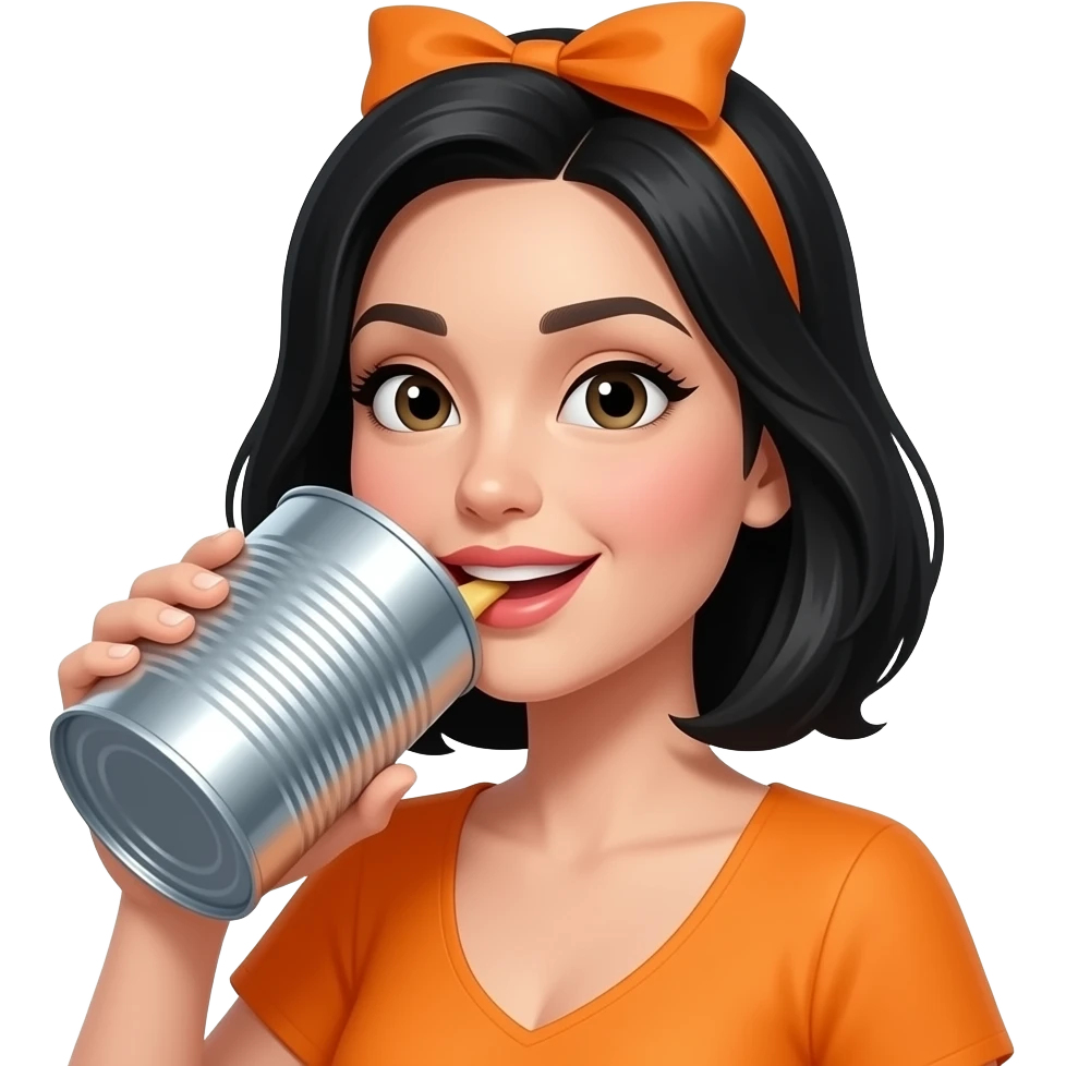 orange costume woman eating large canned food closeup black hair emoji
