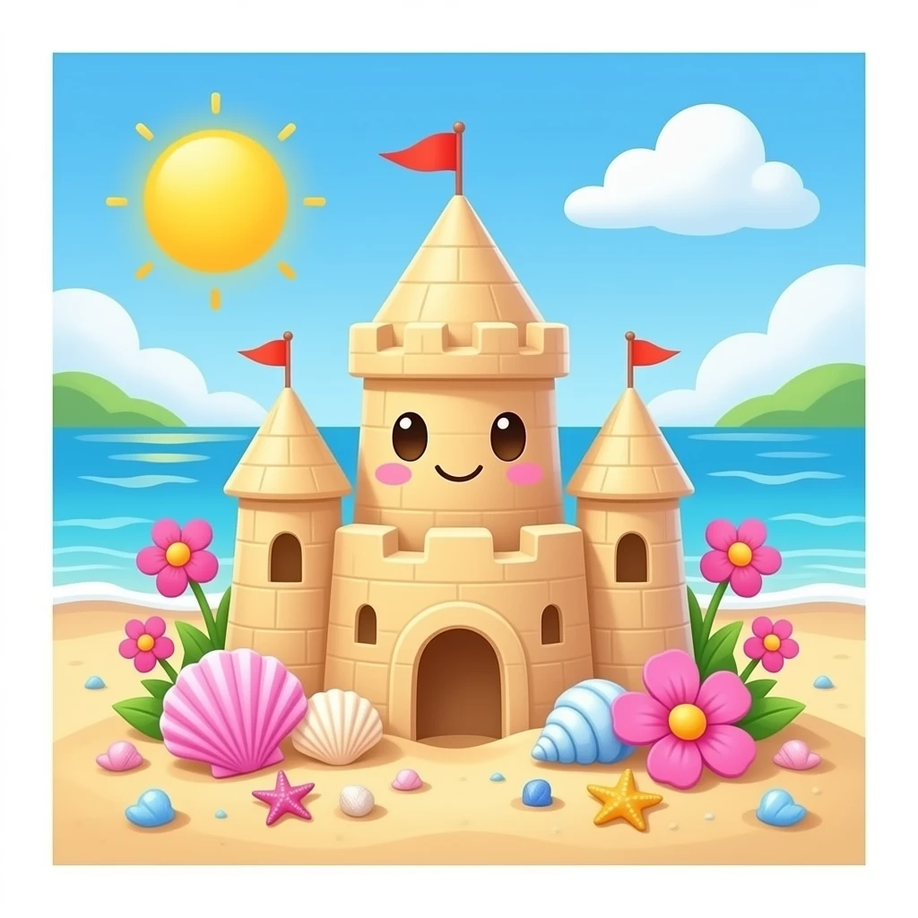 Cute pastel sandcastle on a beach, decorated with seashells, starfish, pink flowers, and a butterfly, whimsical fantasy style emoji
