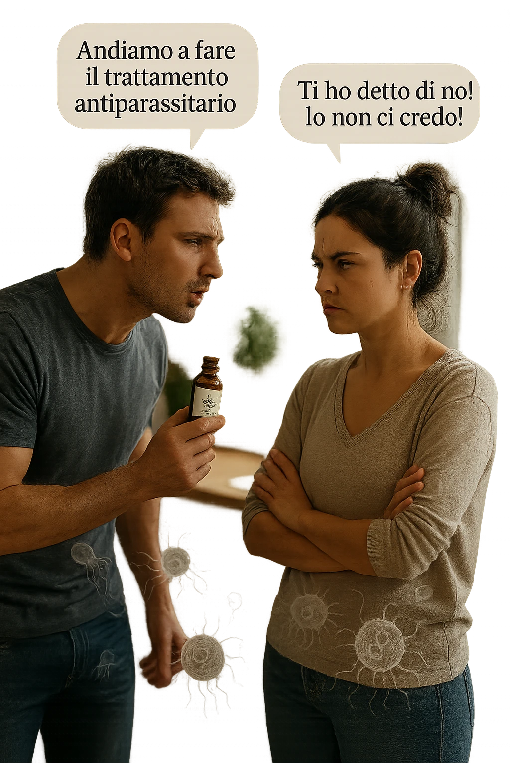 A highly realistic, cinematic photo of a young couple in their early 30s having an argument in a bright modern kitchen. The man, athletic build, wearing a casual T-shirt and jeans, is speaking firmly with a raised hand holding a small amber glass bottle labeled with a subtle herbal symbol, saying 'Andiamo a fare il trattamento antiparassitario' with a determined expression. The woman, with long dark hair tied in a messy bun, casual home outfit, crosses her arms with an angry, defensive expression, replying 'Ti ho detto di no! Io non ci credo!' while slightly turning away. Tension is visible in their body language, with the man leaning forward trying to explain and the woman leaning back, her eyebrows furrowed. Around them, subtle ghostly overlays of microscopic parasites are faintly visible near their abdominal areas, symbolizing the hidden reason for the argument. The kitchen is bright and modern with plants and natural light, contrasting the emotional tension. The style is hyperrealistic with warm tones and shallow depth of field focusing on their facial expressions, illustrating the conflict between belief in natural treatments and skepticism within the couple regarding hidden parasitic infections. in italiano emoji