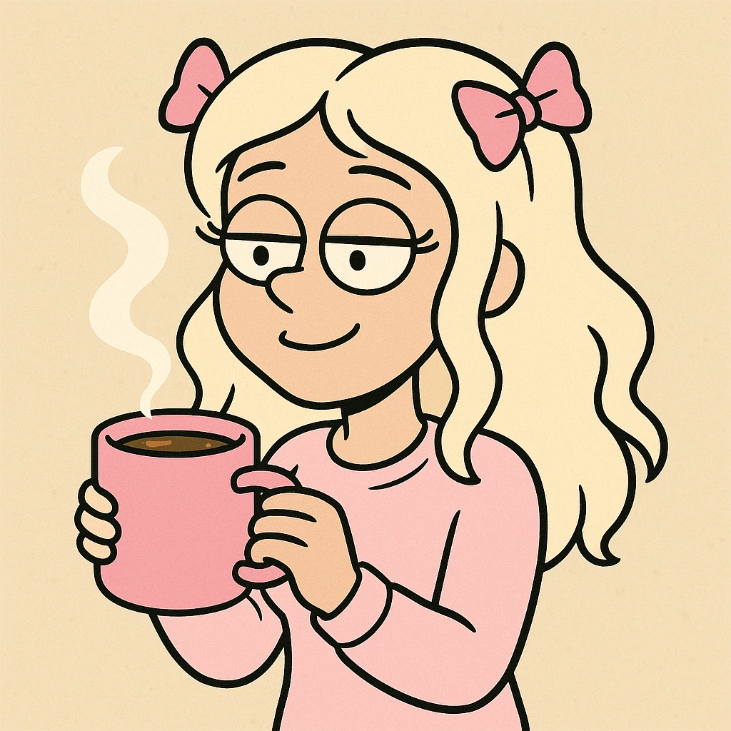 platinum blonde woman with pink bows in hair drinking hot chocolate from a pink mug, cute cartoon style emoji
