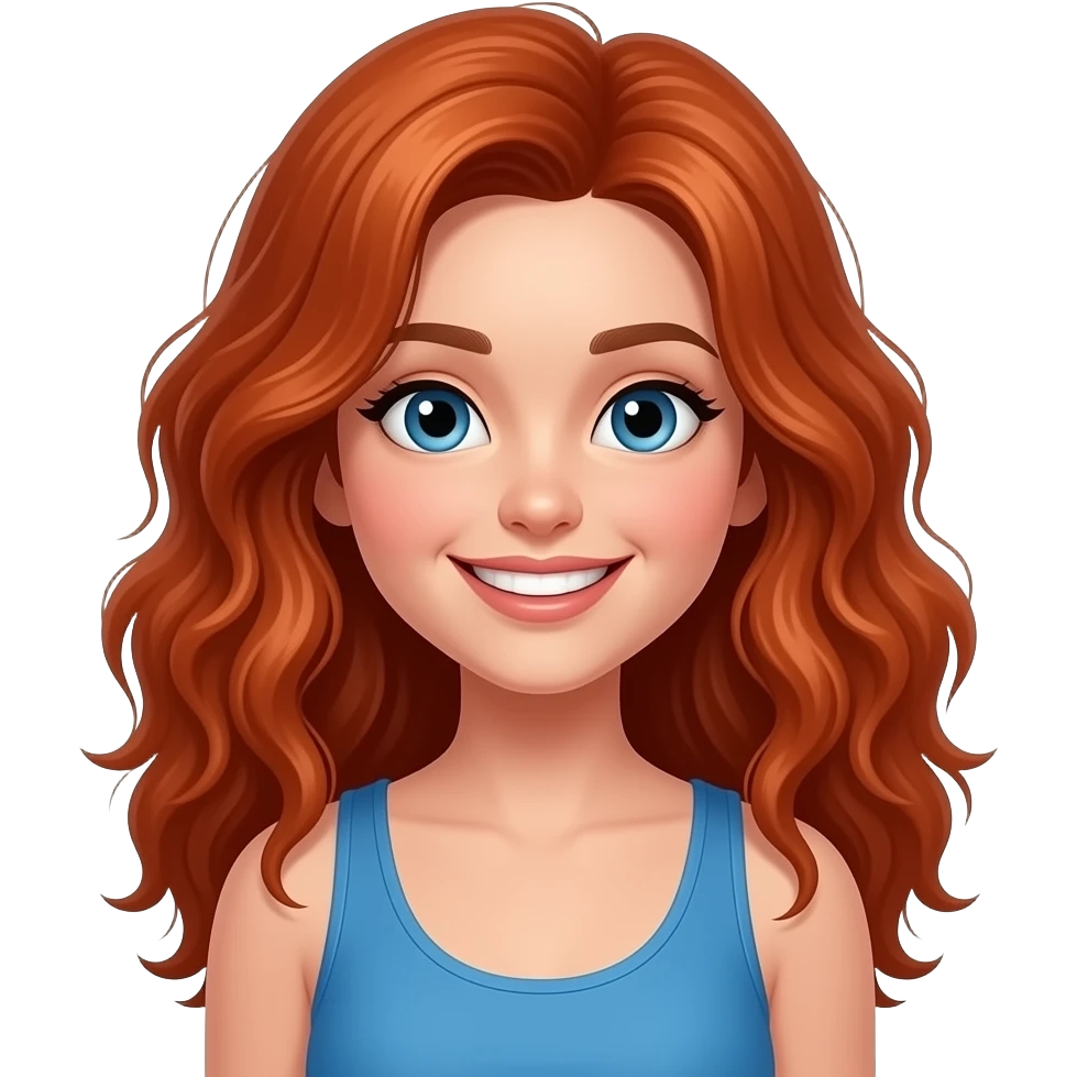 Girl with blue eyes, long red frizzy, volumous hair. Blue tank top. Big smile showing teeth. emoji