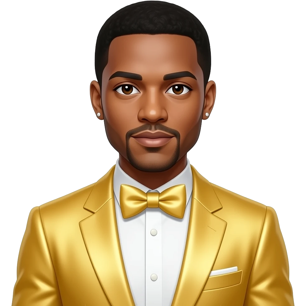 Usher with dark brown eyes, black hair, butter yellow metallic suit with bow tie, short earrings emoji