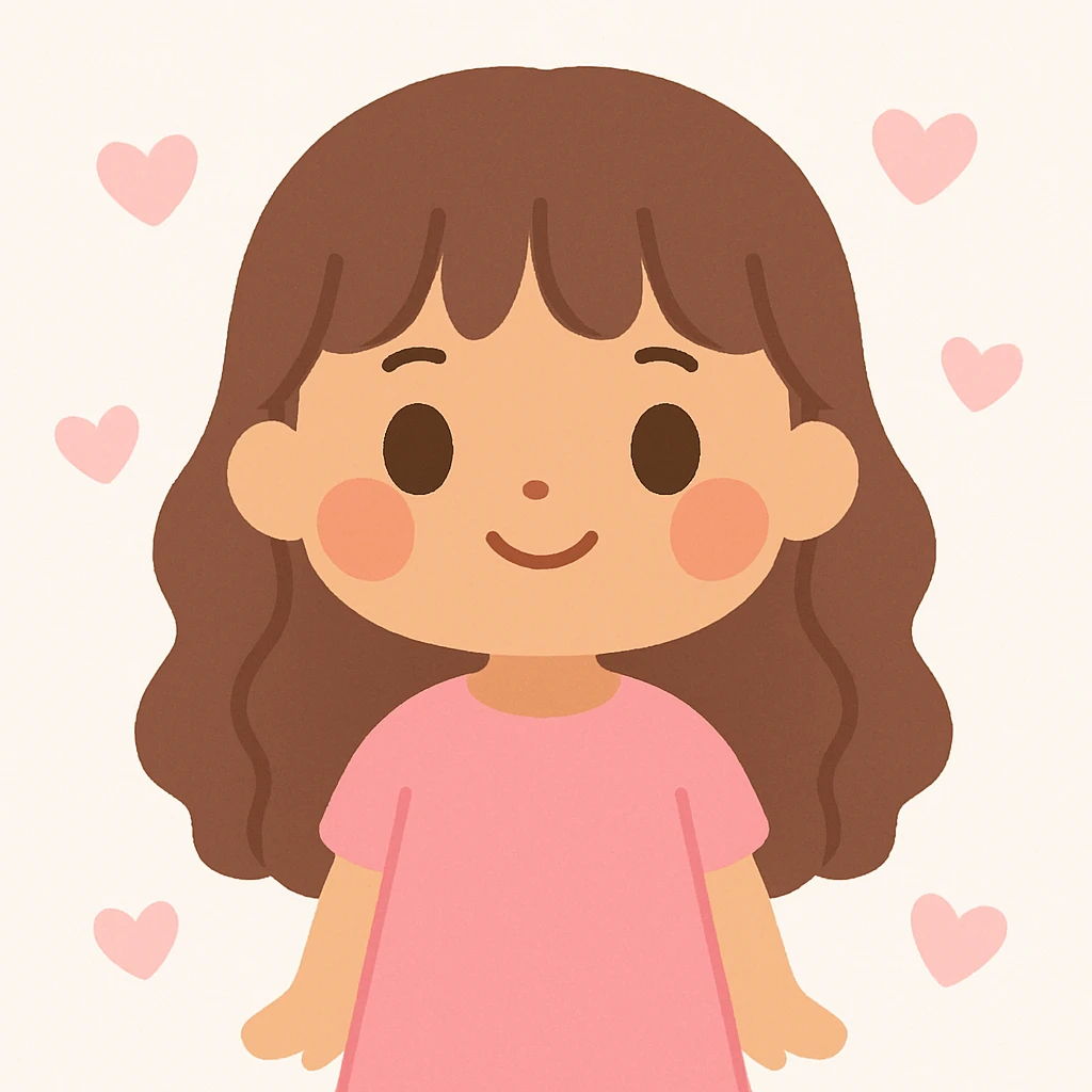 cute girl with medium skin, rosy cheeks, big hazel eyes, long wavy brown hair and bangs, straight nose, red lips, feminine features, in a pink dress emoji