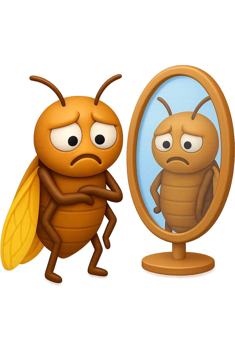 EMOJI STILE IPHONE 3D DI una cicala troste che si guarda allo specchio insoddisfatta del suo fisico, fagli gli occhi bianchi , non solo la pupilla emoji