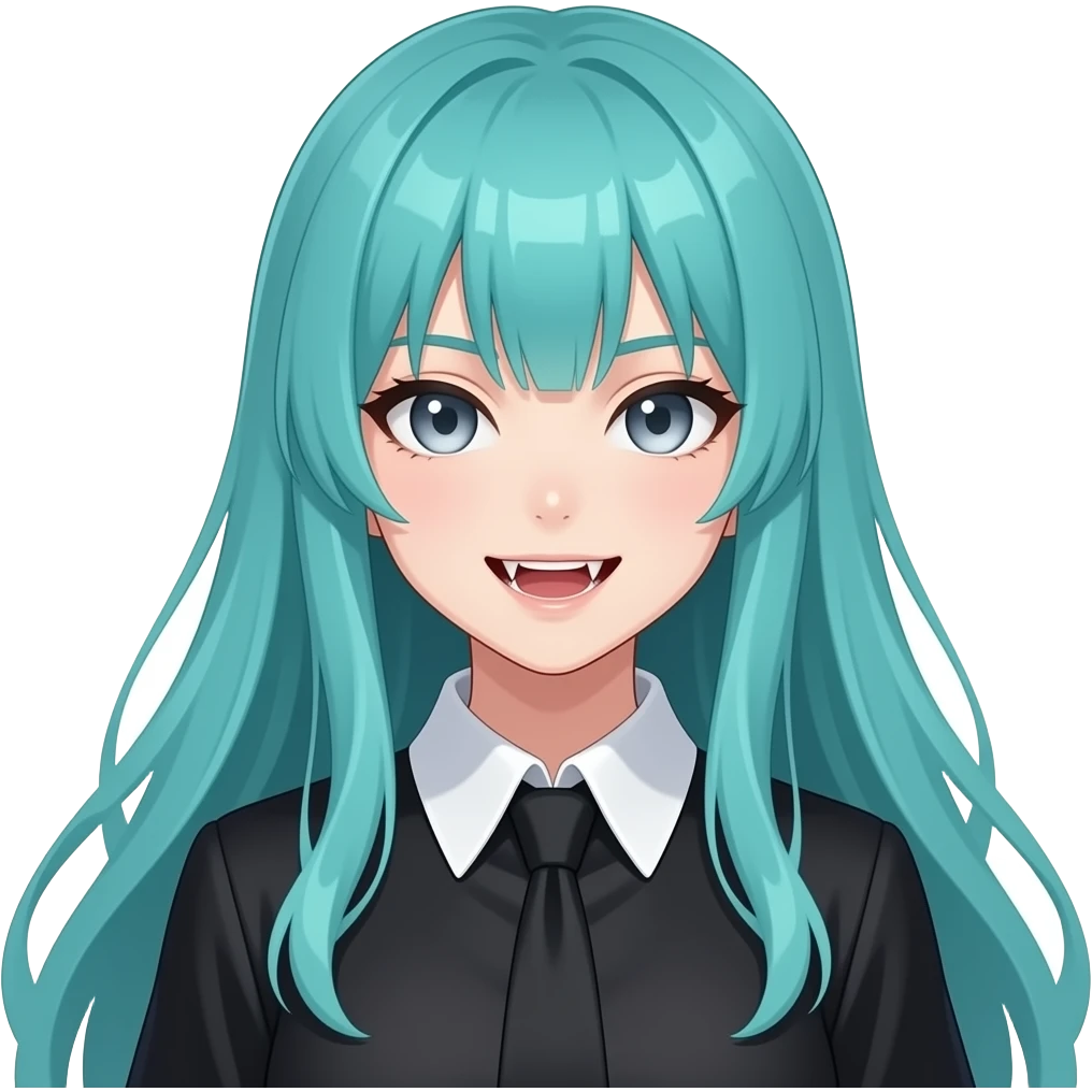 anime girl, fangs long flowing teal hair, grey eyes, black shoulder cyberpunk blouse with fancy white collar emoji