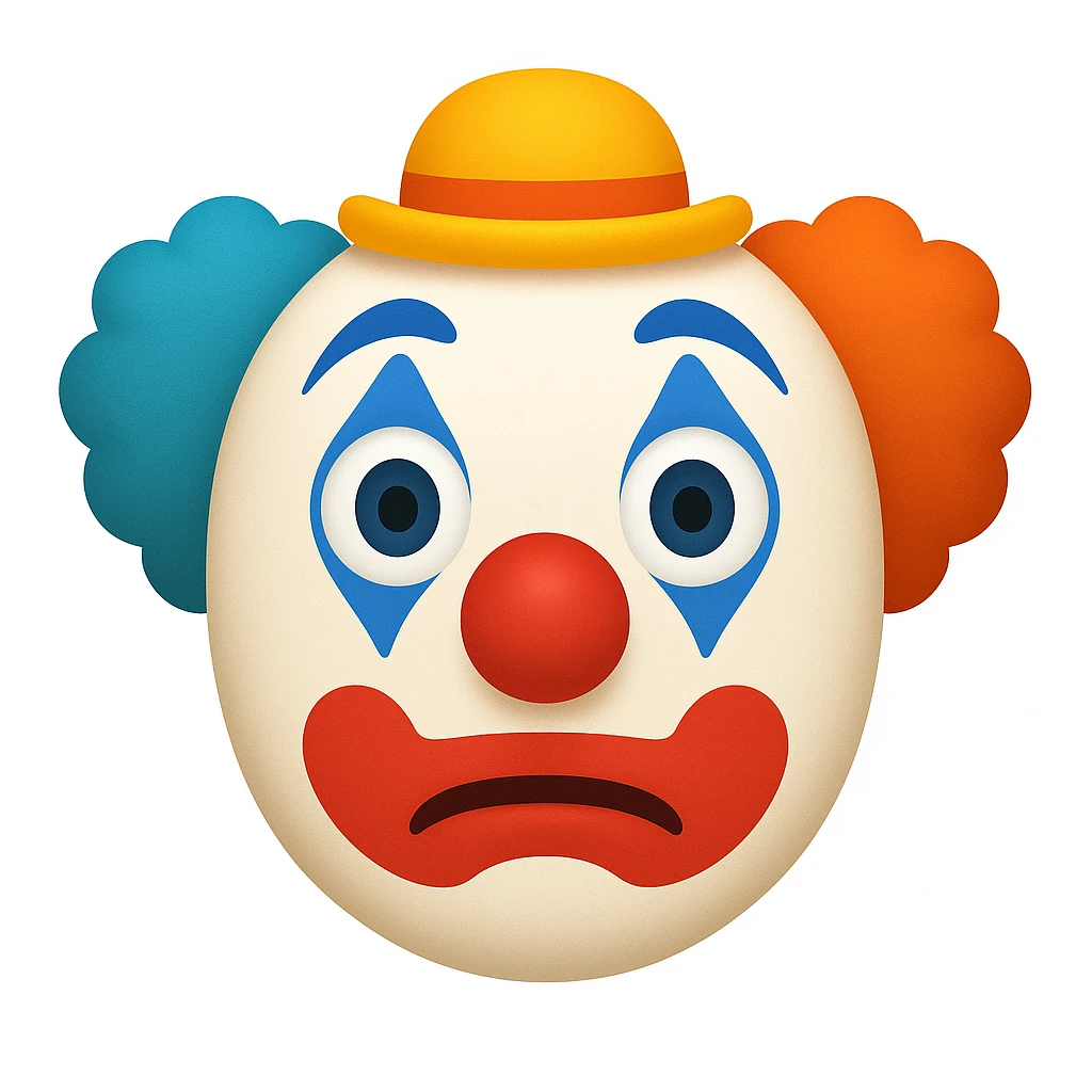Create an emoji of a man with similar facial features to the reference image, painted as a clown with classic clown makeup including a white face, red nose, and colorful details. The expression should be neutral or slightly surprised. The style should resemble a classic emoji style but use the general editor for flexibility. emoji