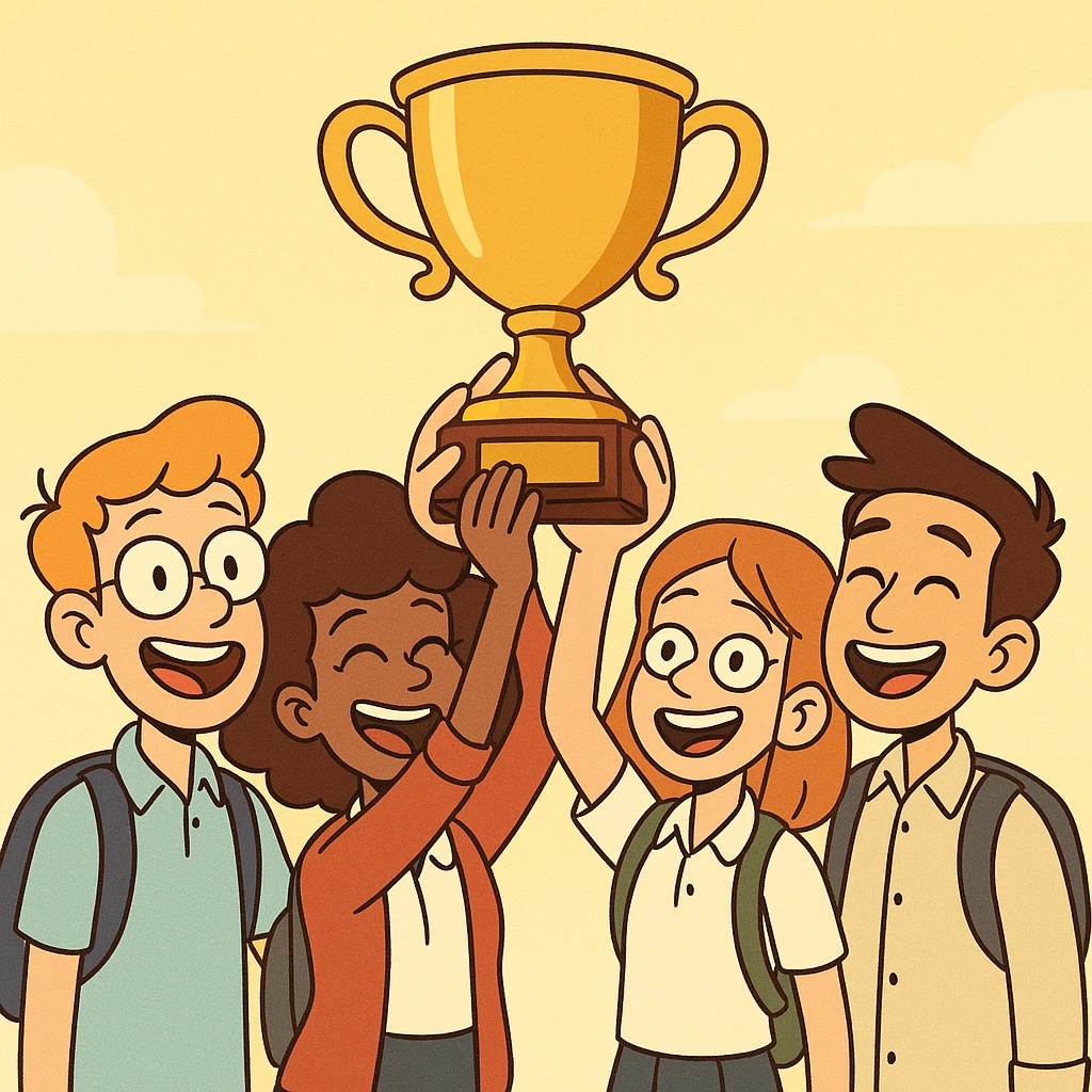 four students lifting a trophy, warm atmosphere, modern cartoon style, smiling faces, bright background emoji