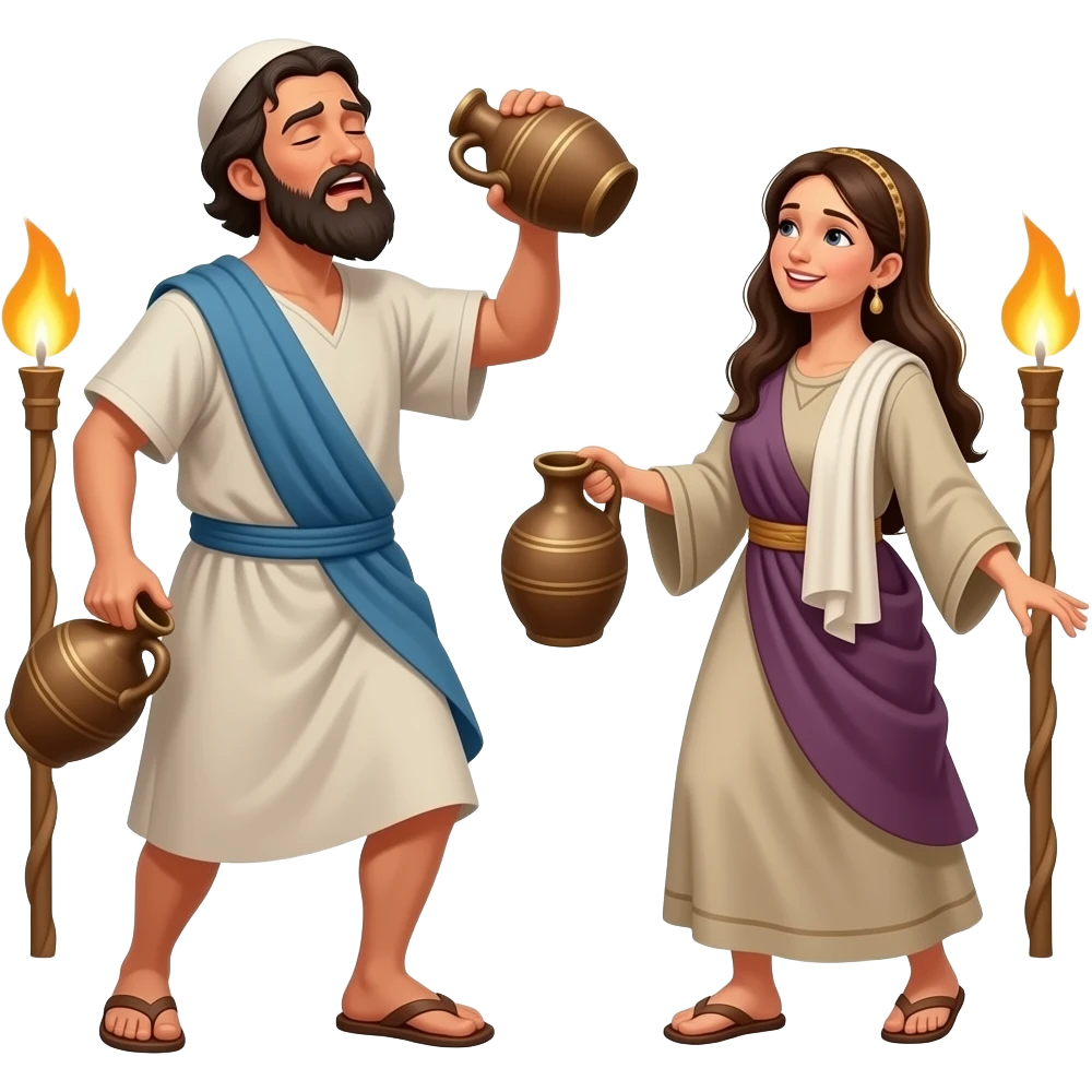 Hebrew men and women from ancient biblical times with a drunk look on their faces dancing, drinking jugs of wine emoji