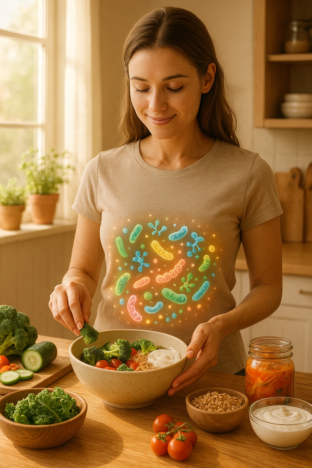 A realistic, warm-toned image of a young woman in a bright, cozy kitchen preparing a healthy meal rich in fiber and probiotics. She smiles softly, focused and calm, as she adds fresh vegetables, fermented foods like yogurt or kimchi, and whole grains to a bowl. Around her abdomen, a subtle, glowing overlay of balanced gut flora—colorful, friendly bacteria and microbes—swirls gently, symbolizing intestinal health and harmony. The setting is natural and inviting, with sunlight streaming through the window, potted herbs on the counter, and clean wooden surfaces. The overall mood conveys wellness, self-care, and the positive journey toward gut balance emoji