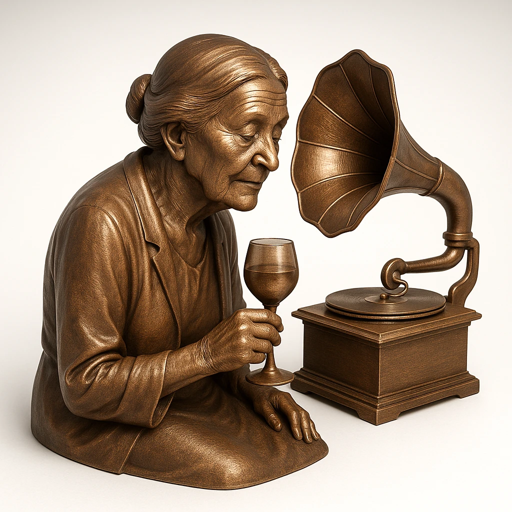 old lady with wineglass listening to gramophone emoji