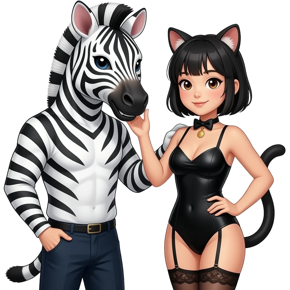 zebra cosplay korean guy is teasing cat cosplay filipina girl. she has short black hairs and light brown skin. and he has black short hairs and white skin. they are also wearing sexy hot clothes emoji