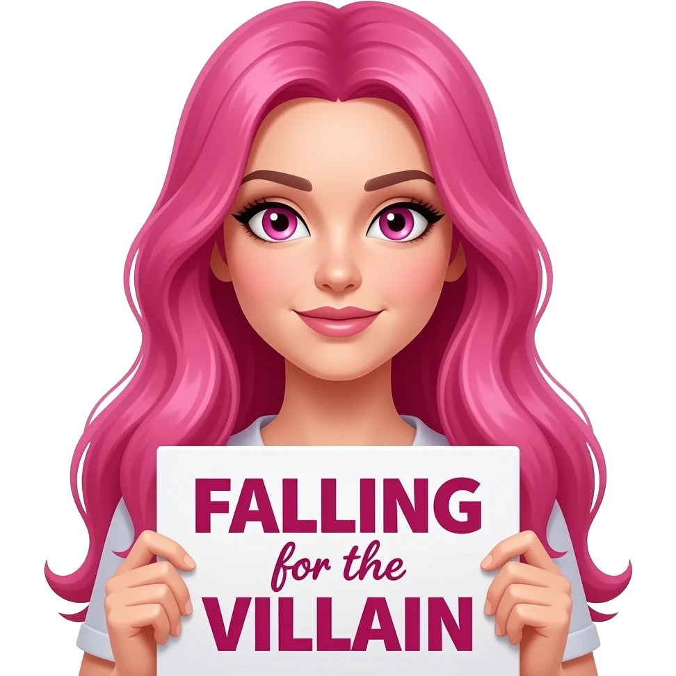 sexy girl with long pink hair and pink eyes holding a FALLING for the VILLAIN sign emoji