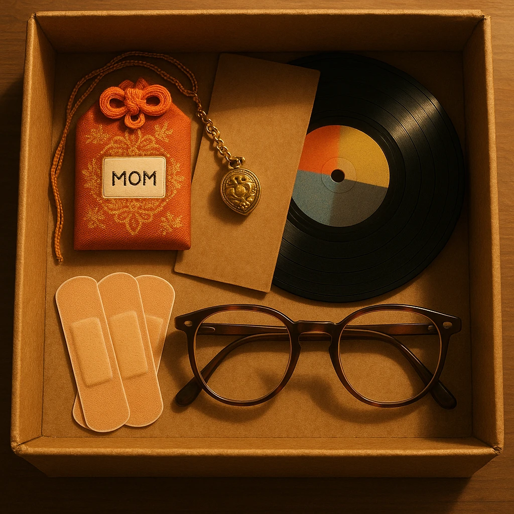 An open box containing a protective amulet from mom, a vinyl record from a friend, bandages, and glasses emoji