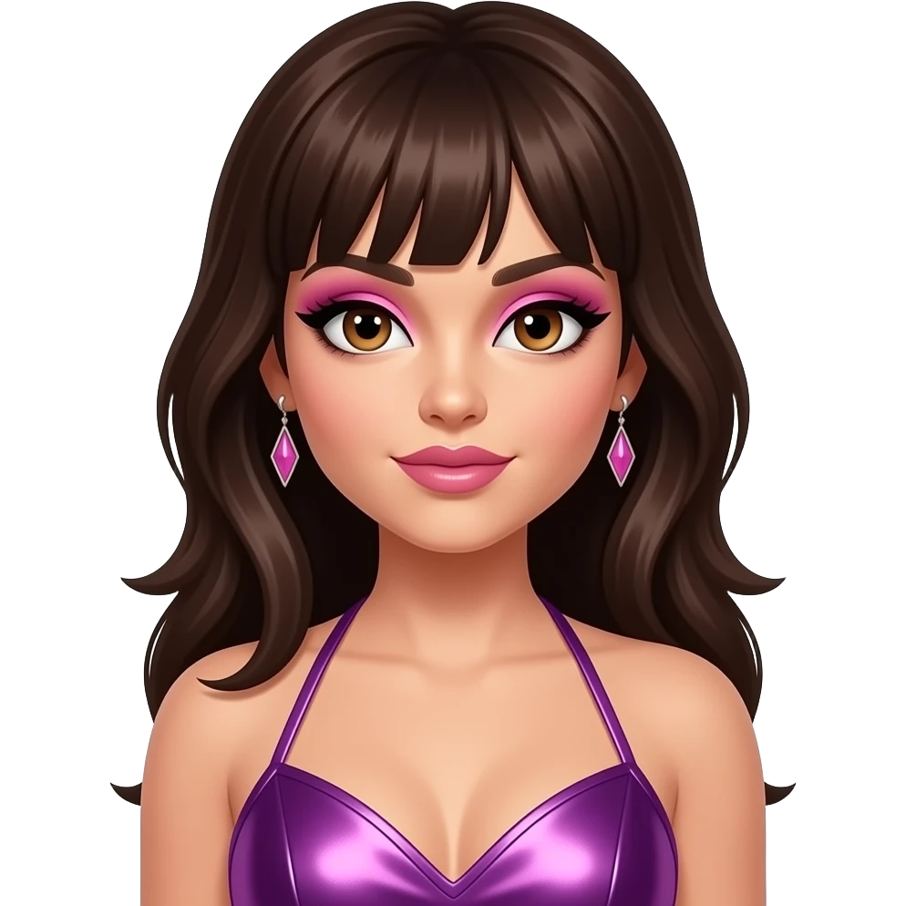 Jessica Sutta from The Pussycat Dolls with hazel eyes, long dark brunette bang hair, pink eyeshadow and lipstick, purple metallic halter dress, earrings emoji