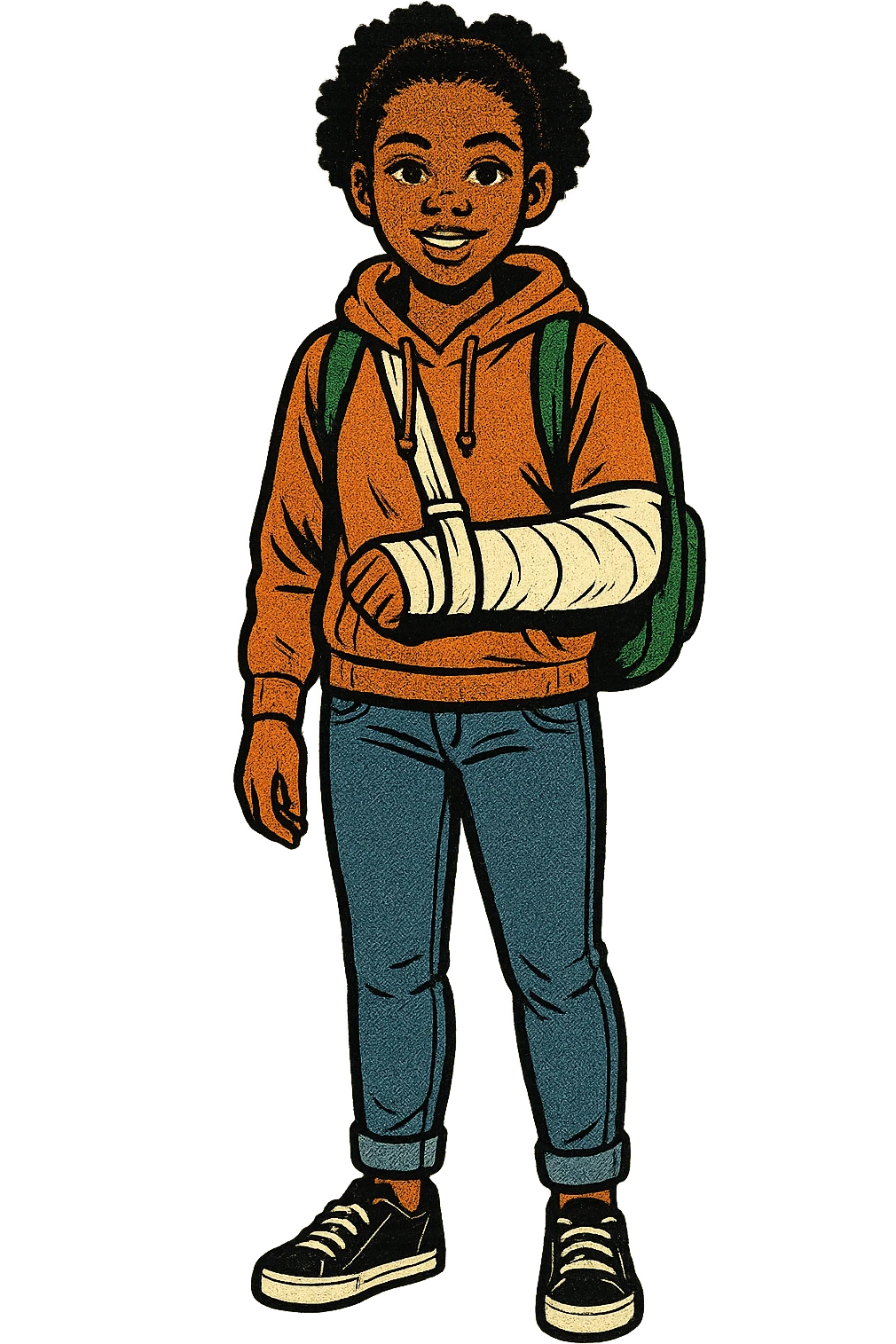 the full body of a young black teenage girl.  She is standing facing forward so we can see her face on. She is wearing a backpack, jeans and a hooded jumper.  One of her arms is in a bandage from a broken elbow. emoji