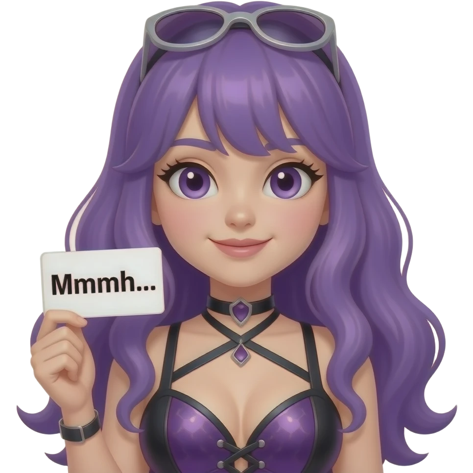 girl with long purple hair wearing a sexy costume holding a Mmmh... sign emoji