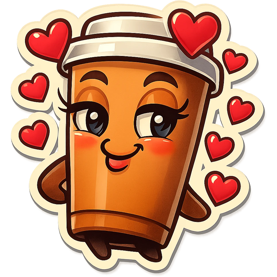 Tall coffee cup, cassanova flirty, gushing with love, dramatic emoji