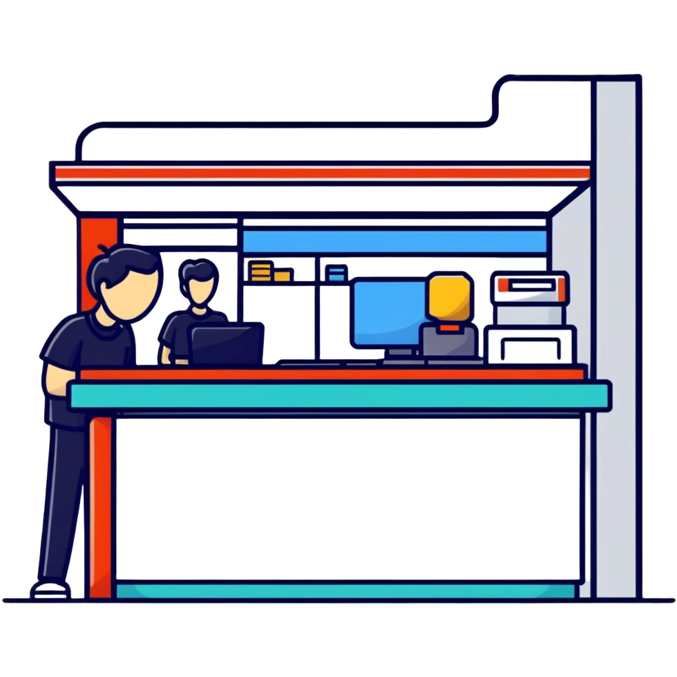 shop counter with register and clerk emoji