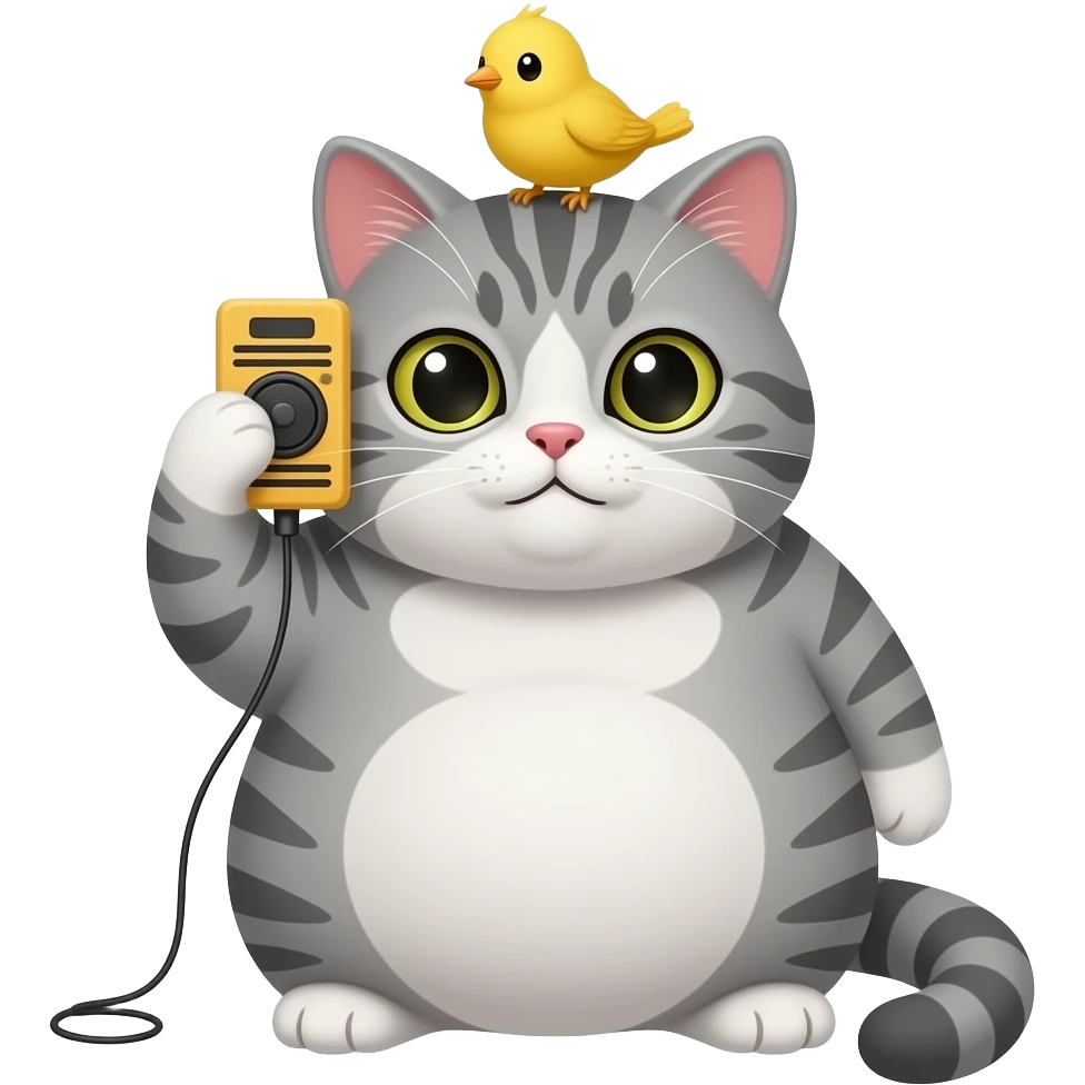 a cute loveable fat gray tabby cat with a small yellow bird on his head, listening to an FM radio. the image must be a transparent .png. no light or dark border or outer glow or stroke around the image contour emoji