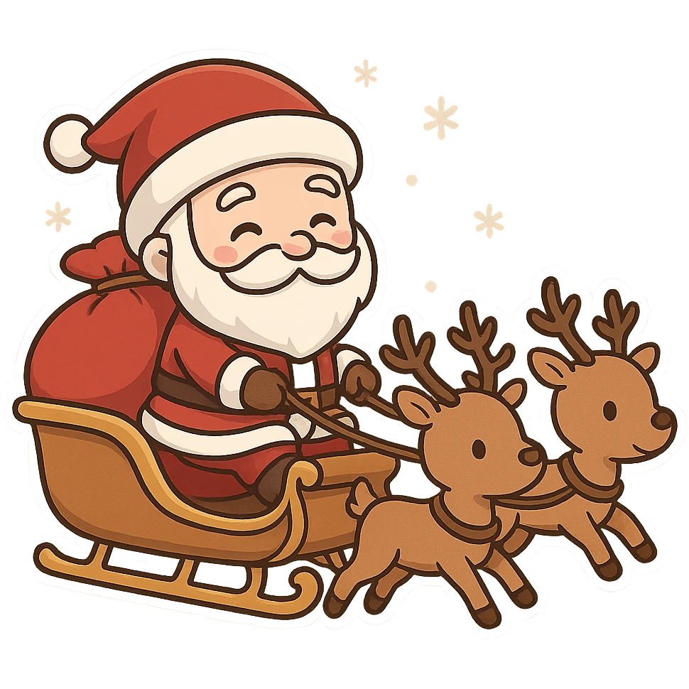 一个圣诞老人坐着雪橇，飞在天空中，雪橇有3头驯鹿拉着。圣诞老人背着一大袋红色的礼物袋子。 emoji