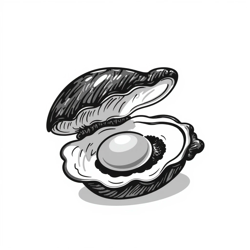 hand drawn doodle style oyster, sketchy lines, black and white emoji