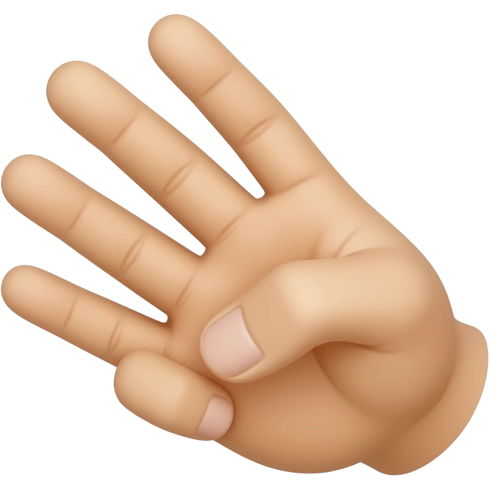 Close-up of a single human hand showing exactly three fingers: index, middle, and ring fingers up. The thumb and pinky (little finger) are curled completely down. Palm facing forward. Cartoon style. emoji