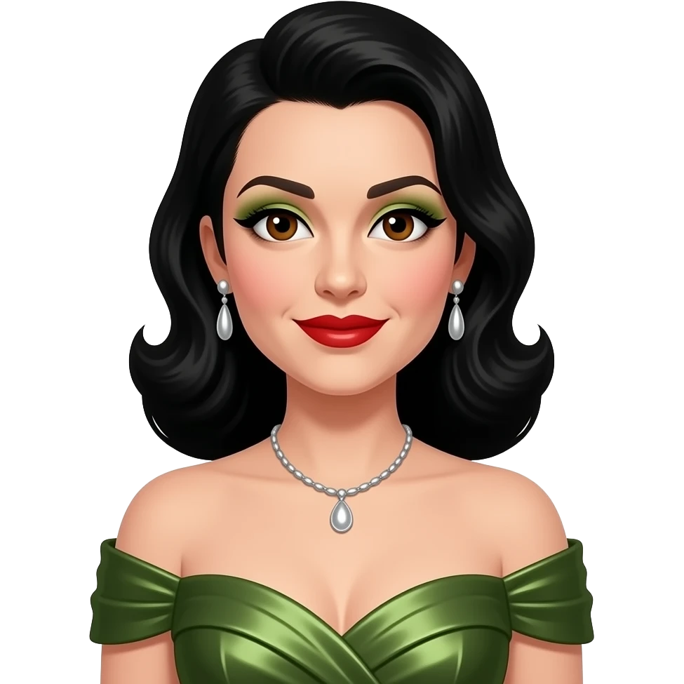 Maxene Andrews from The Andrews Sisters with brown eyes, long black hair, olive eyeshadow, red lipstick, olive metallic off shoulder dress, silver necklace and earrings emoji