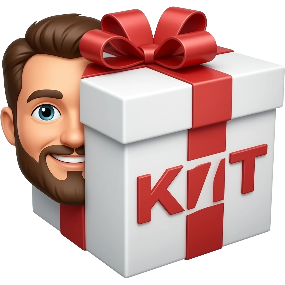 white gift box with word "KIT"with happy man with beard emoji