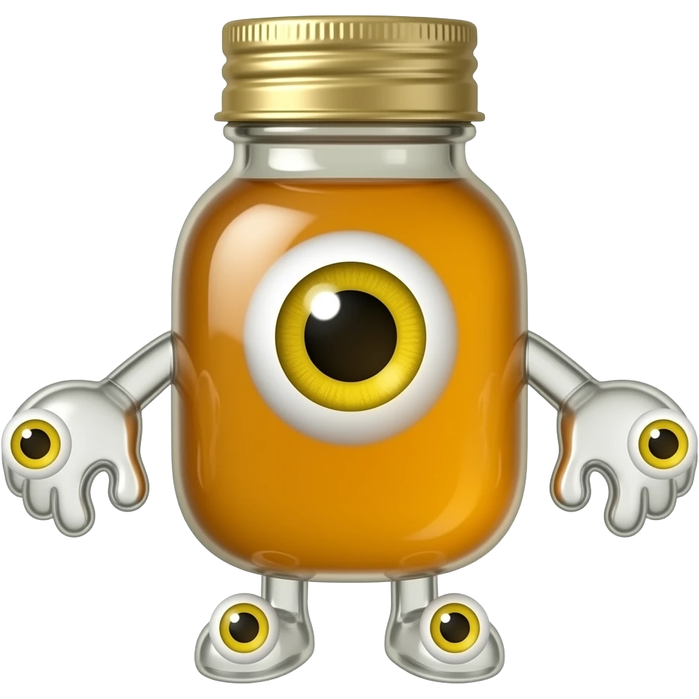 A honey bottle with one single eye and legs and arms with yellow eyes emoji