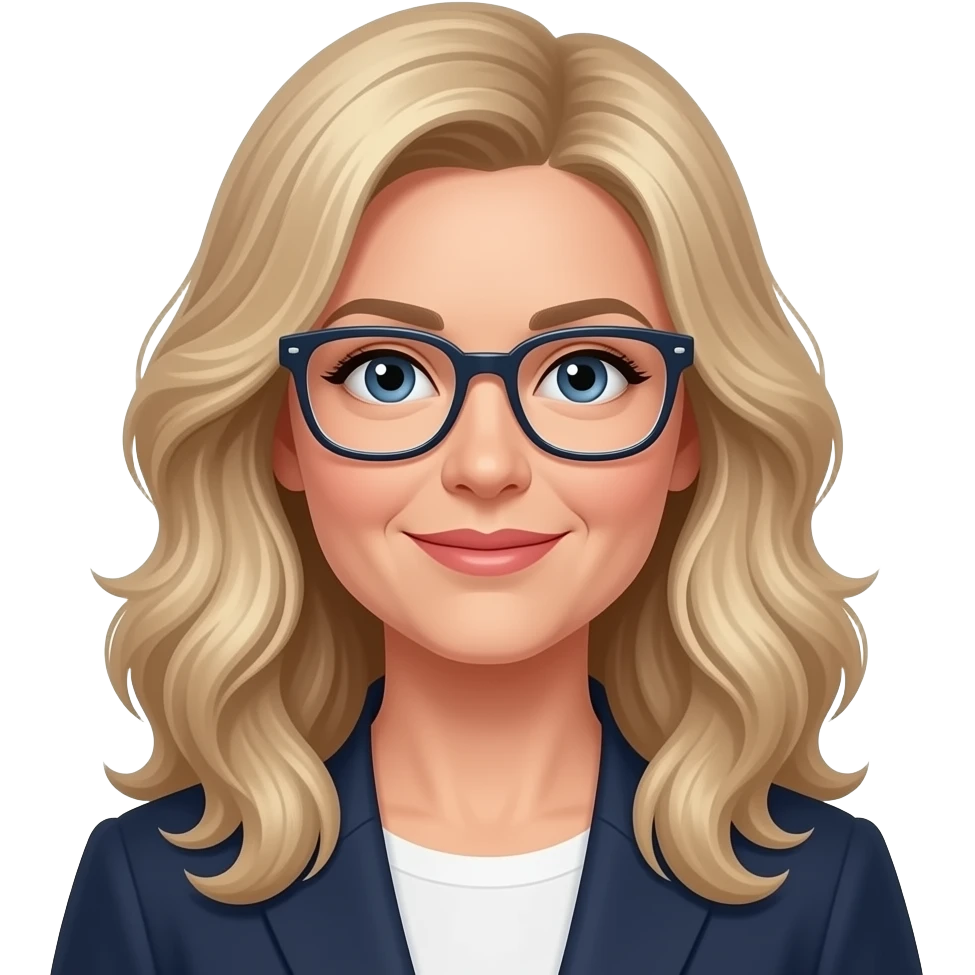 late thirties woman with long cool toned blonde loosely  curled hair, rectangular glasses emoji