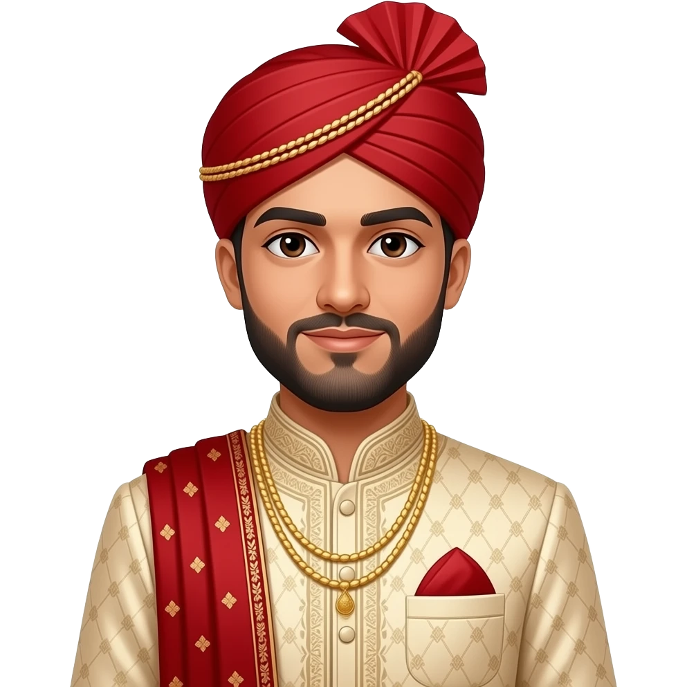 A Pakistani groom with traditional cream sherwani and red headwear and shawl emoji