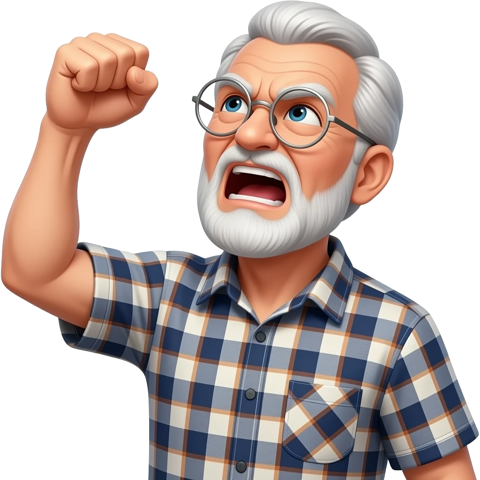 grumpy angry old man yelling with round silver glasses and a plaid  t-shirt shaking his fist and looking up at the sky emoji
