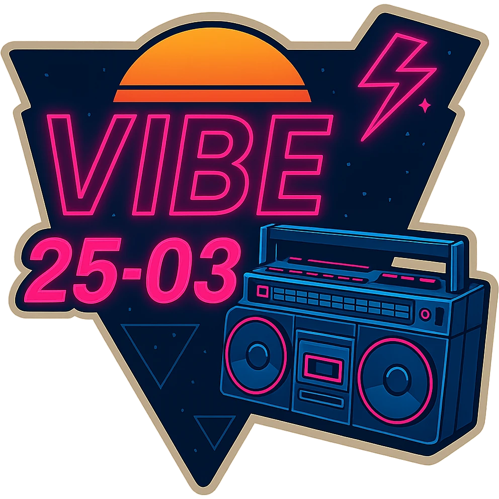 Edit the logo to add an 'E' at the end of 'VIB' so it reads 'VIBE'. Maintain the neon 80's synthwave style and the boombox focus exactly as in the original. The background should be transparent with no background color. emoji