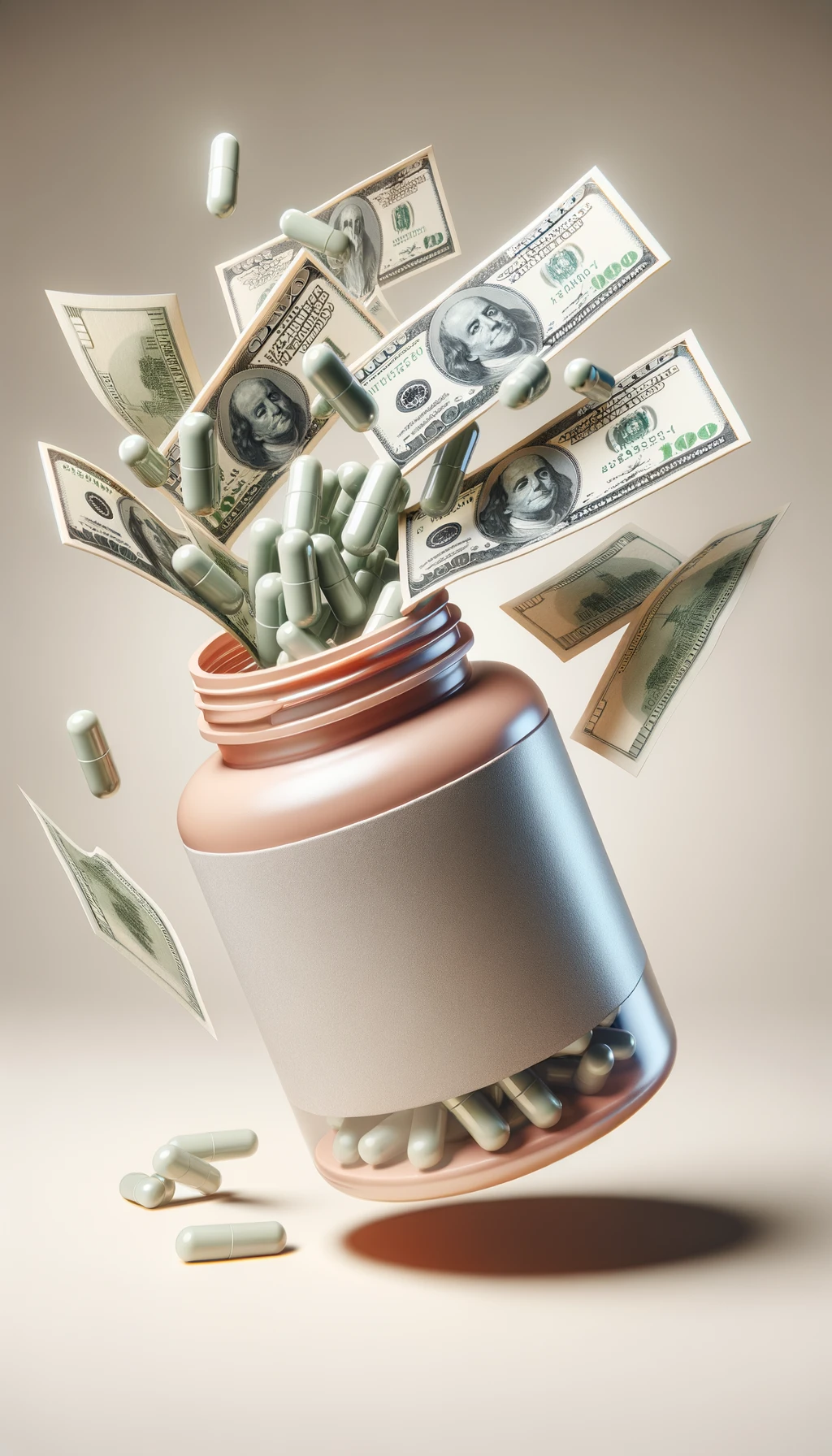 boccetta di integratore fluttua in aria, dalla boccetta aperta escono delle banconote, sfondo neutro chiaro, iperrealistico 4k emoji