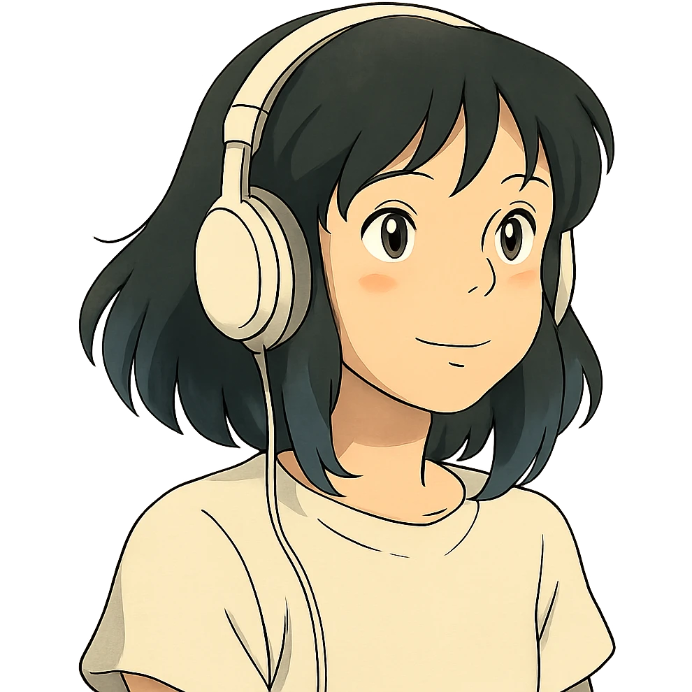 girl with medium black hair with blue tips wearing white headset, ghibli style emoji