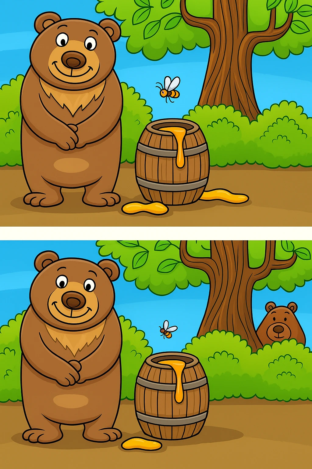Create a second variation of the cartoon bear and honey barrel scene for a 'find the three differences' quiz. Make three different subtle changes from the original: change the shape of the tree, move the position of the bee, and alter the shape or details of the honey barrel. Keep the style and layout consistent with the original image. emoji
