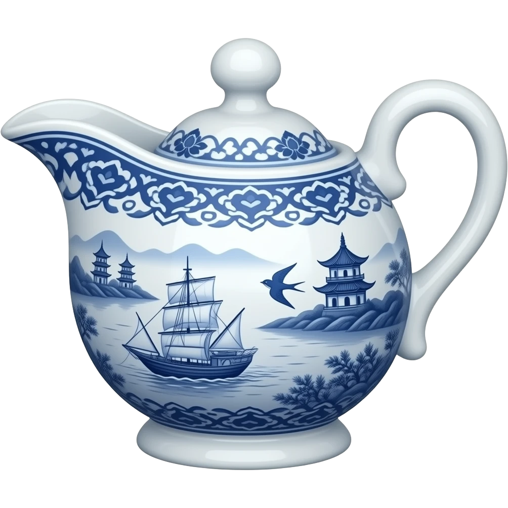 chinoiserie blue willow china pattern open gravy boat with a boat, pagodas and two swallows emoji