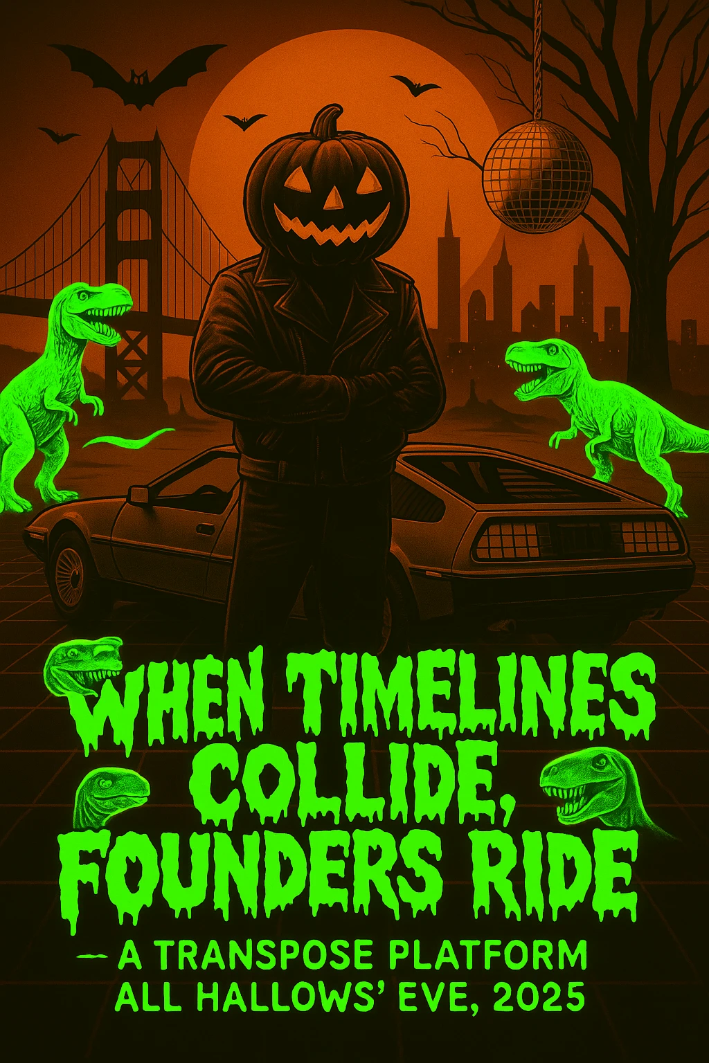 make the dinosaurs a neon green, create a font where the letters look like melting spooky emoji