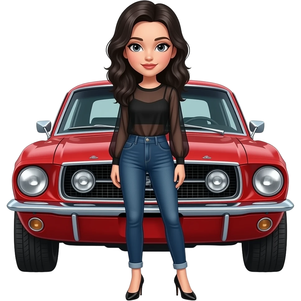 Pale girl with black wavy hair in front of a red Ford Mustang 1968 coupe. Girl wearing a sheer black top, jeans and heels. emoji